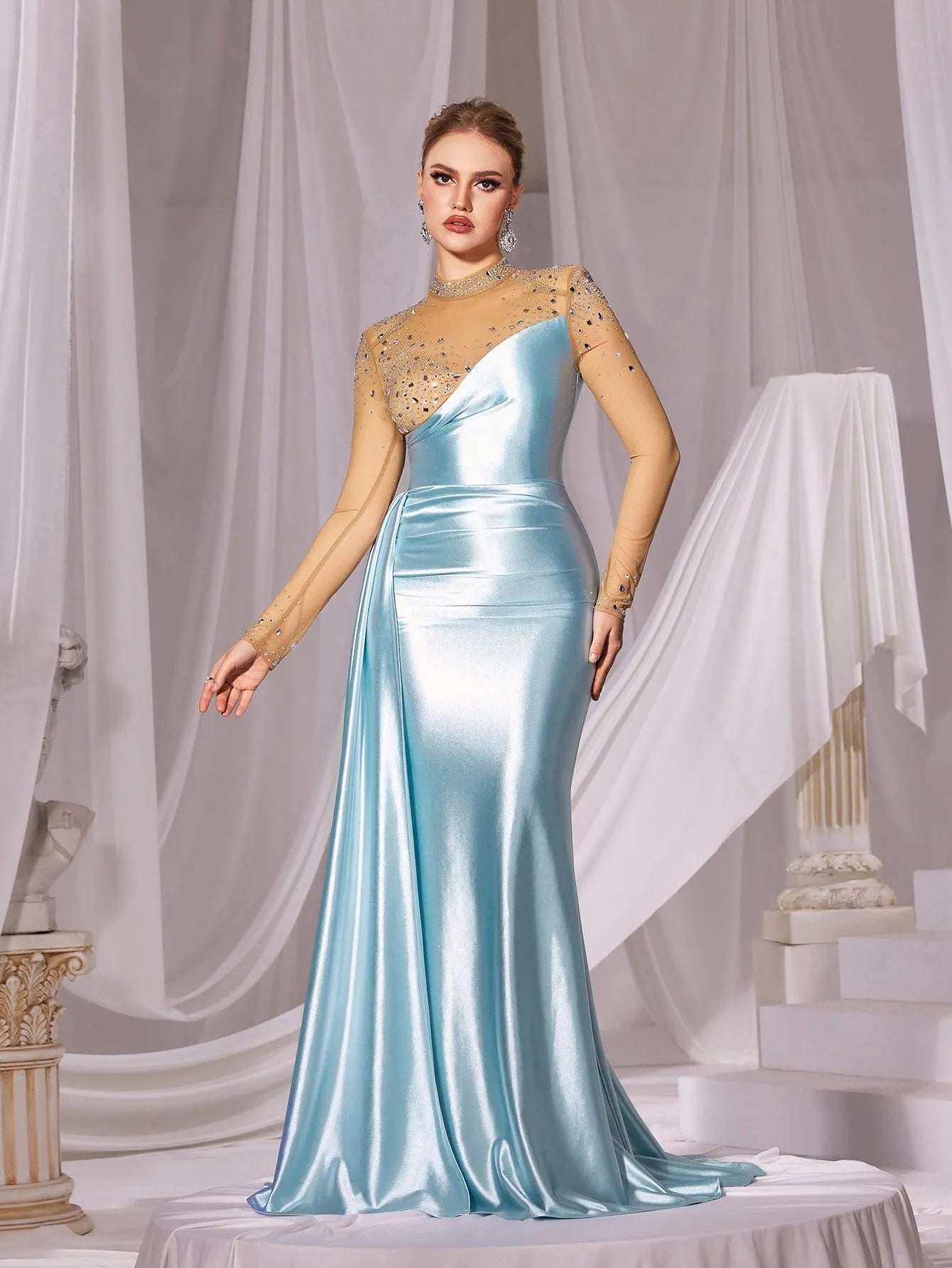 Rhinestone Detail Mock Neck Satin Mermaid Prom Dress - Elonnashop