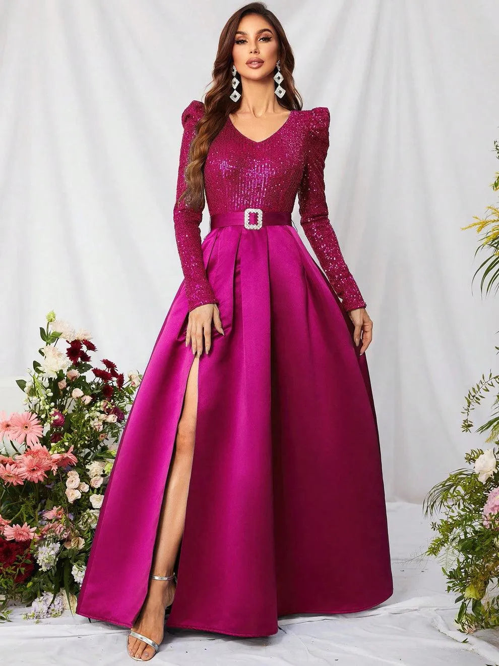 Elegant V Neck Gigot Sleeve Slit A Line Prom Dress - Elonnashop