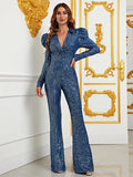 Elegant V Neck Gigot Sleeves Sequin Jumpsuit - Elonnashop