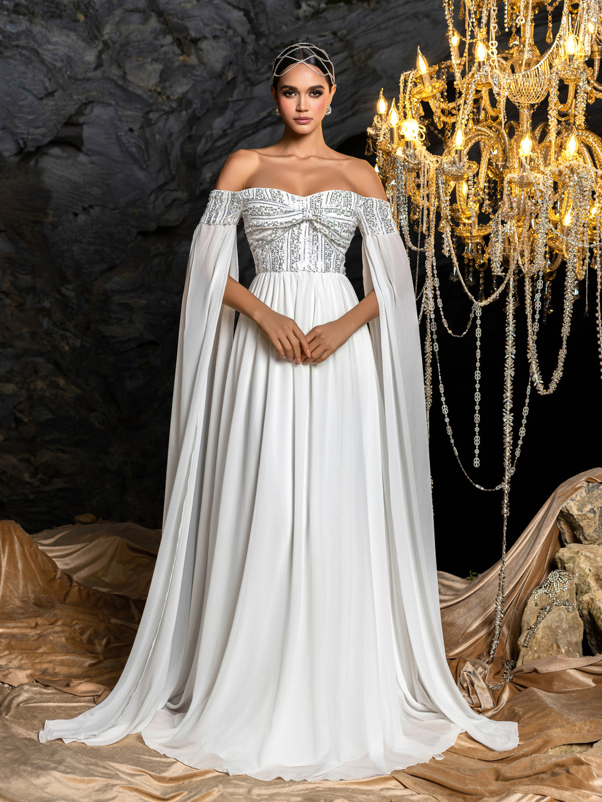 Elegant Off-Shoulder Chiffon Evening Gown | Sequin Bodice with Draped Sleeves and Flowing Skirt
