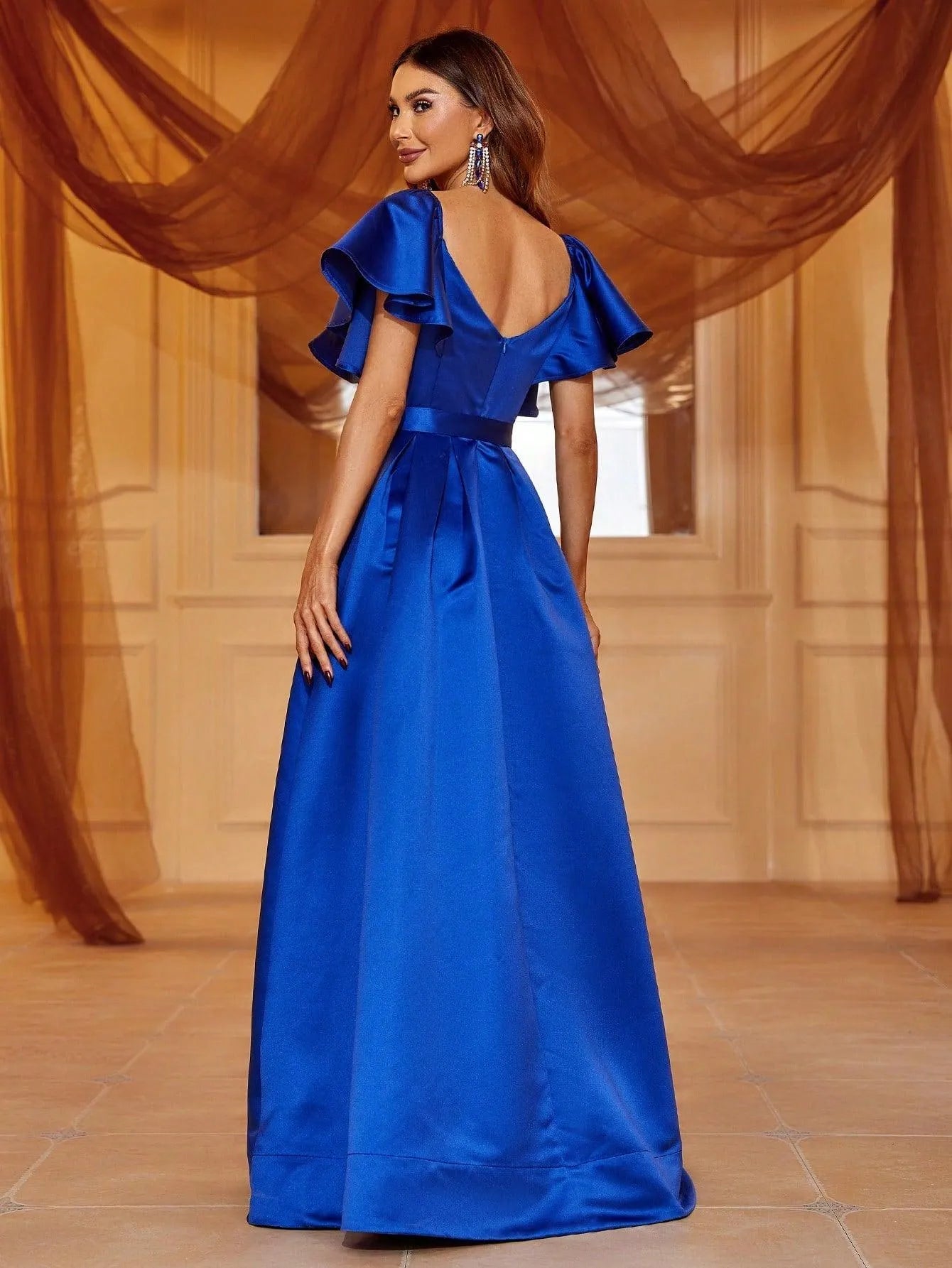 Elegant Ruffle Sleeve Split Thigh Buckle Belted Satin Dresses - Elonnashop