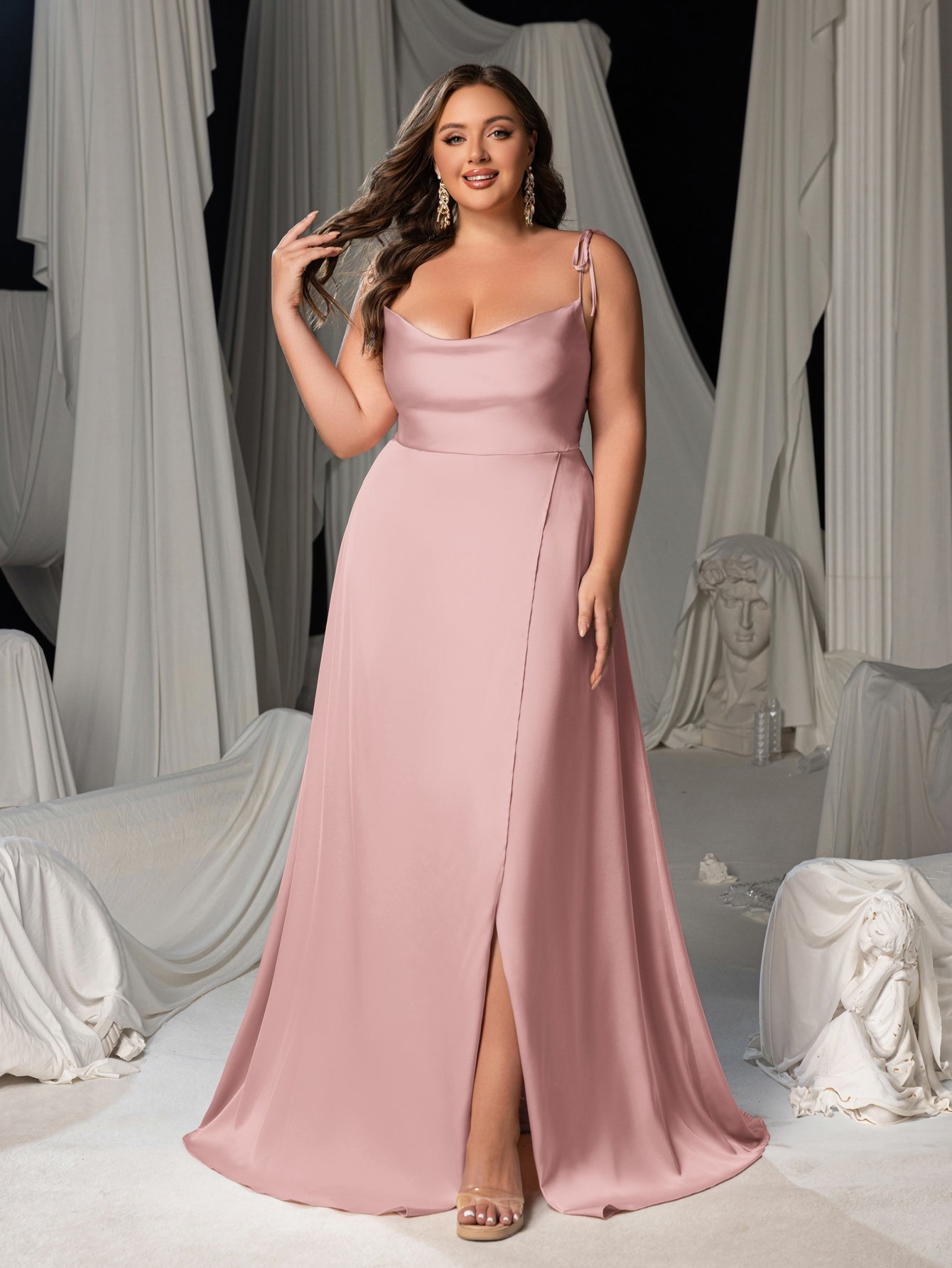 Plus Satin Spaghetti Straps Formal Evening Dress with High Slit