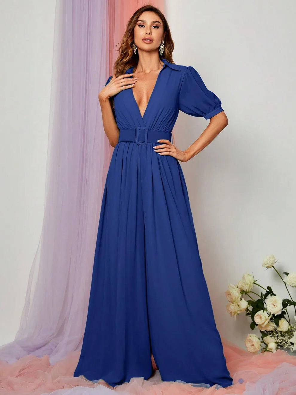 Plunging Neck Puff Sleeves Wide Leg Jumpsuit - Elonnashop