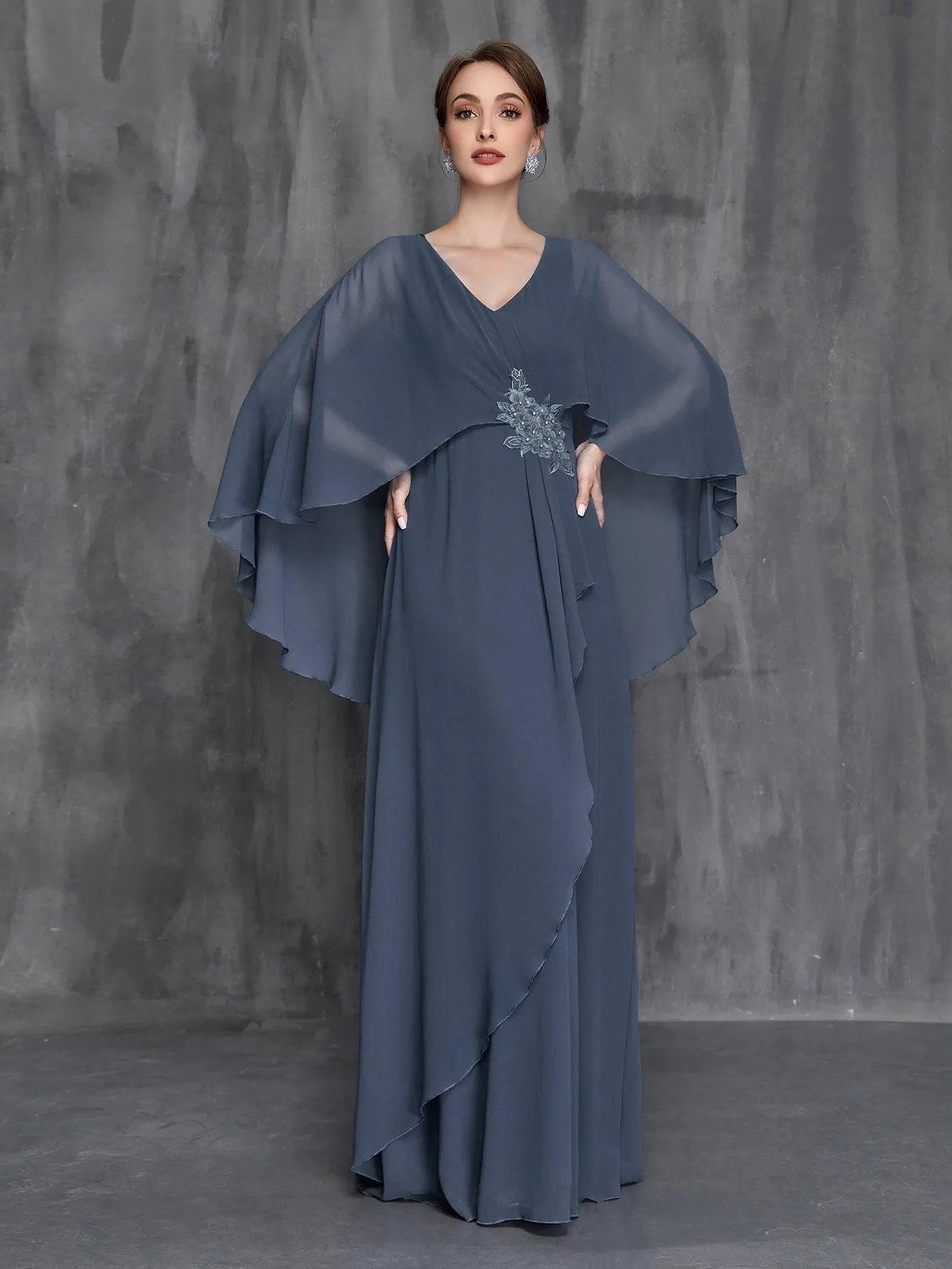 Womens' Applique Detail Chiffon Cape Dress - Elonnashop