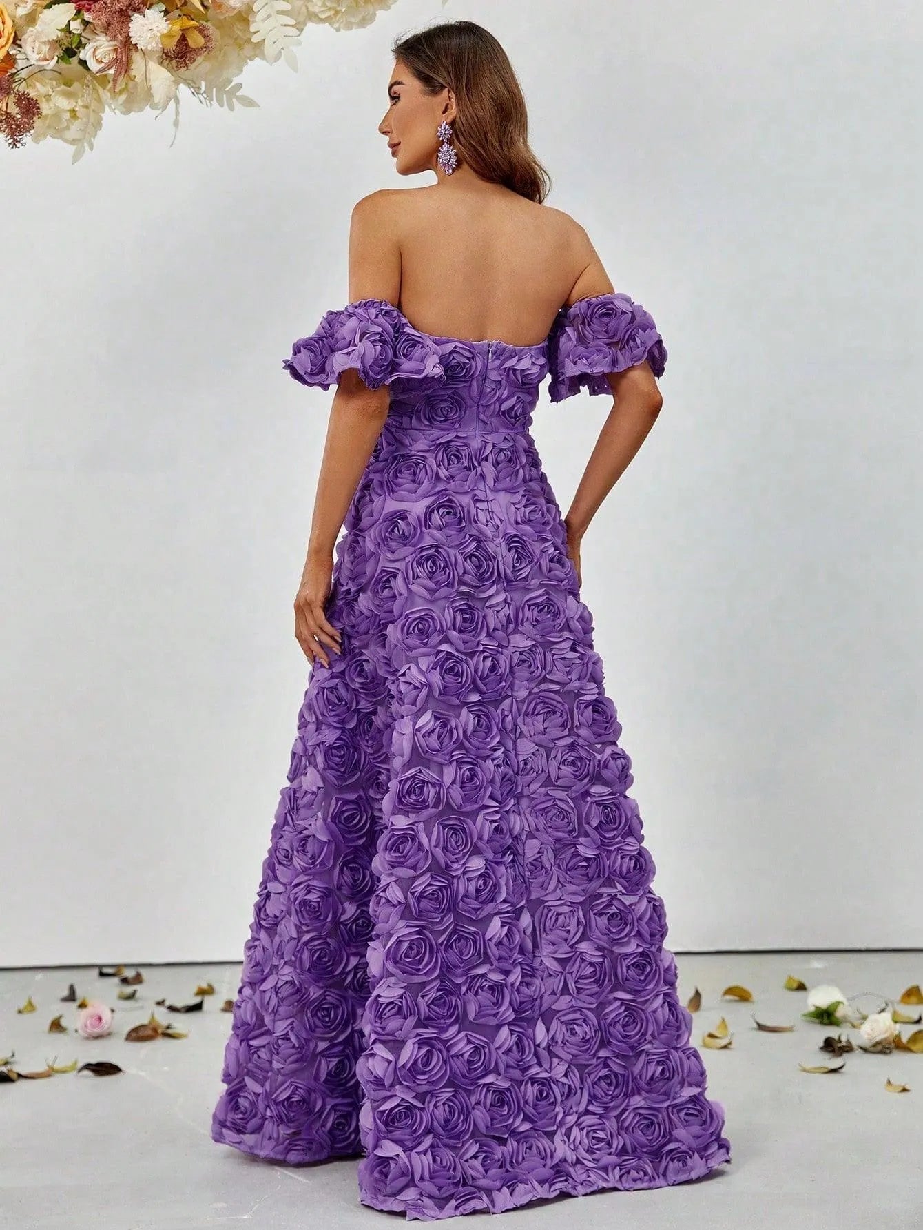 Floral Applique Off Shoulder Floor Length Formal Dresses - Elonnashop