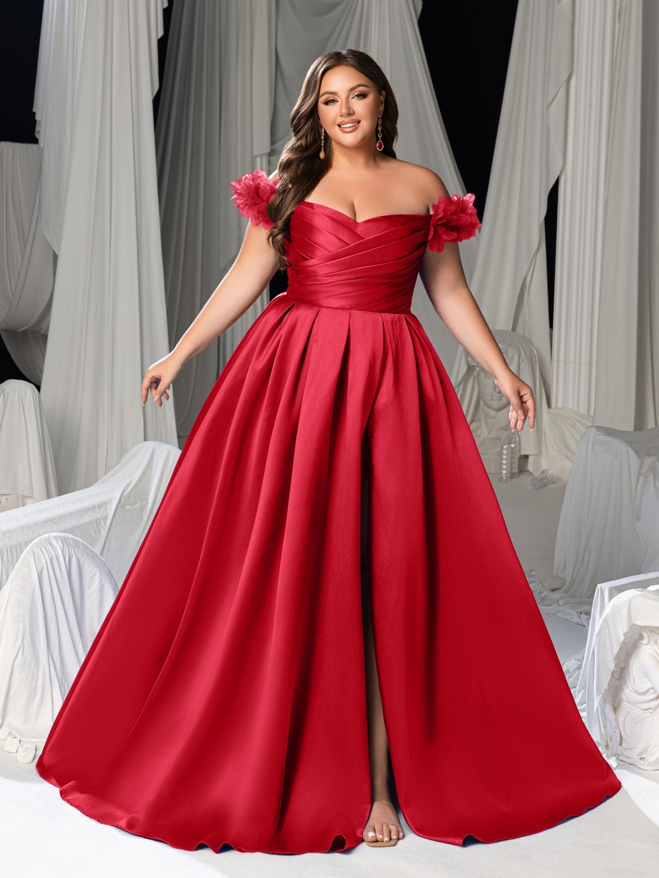 Plus Off-Shoulder Evening Gown with 3D Floral Appliqué | High Thigh Slit & Laced Back