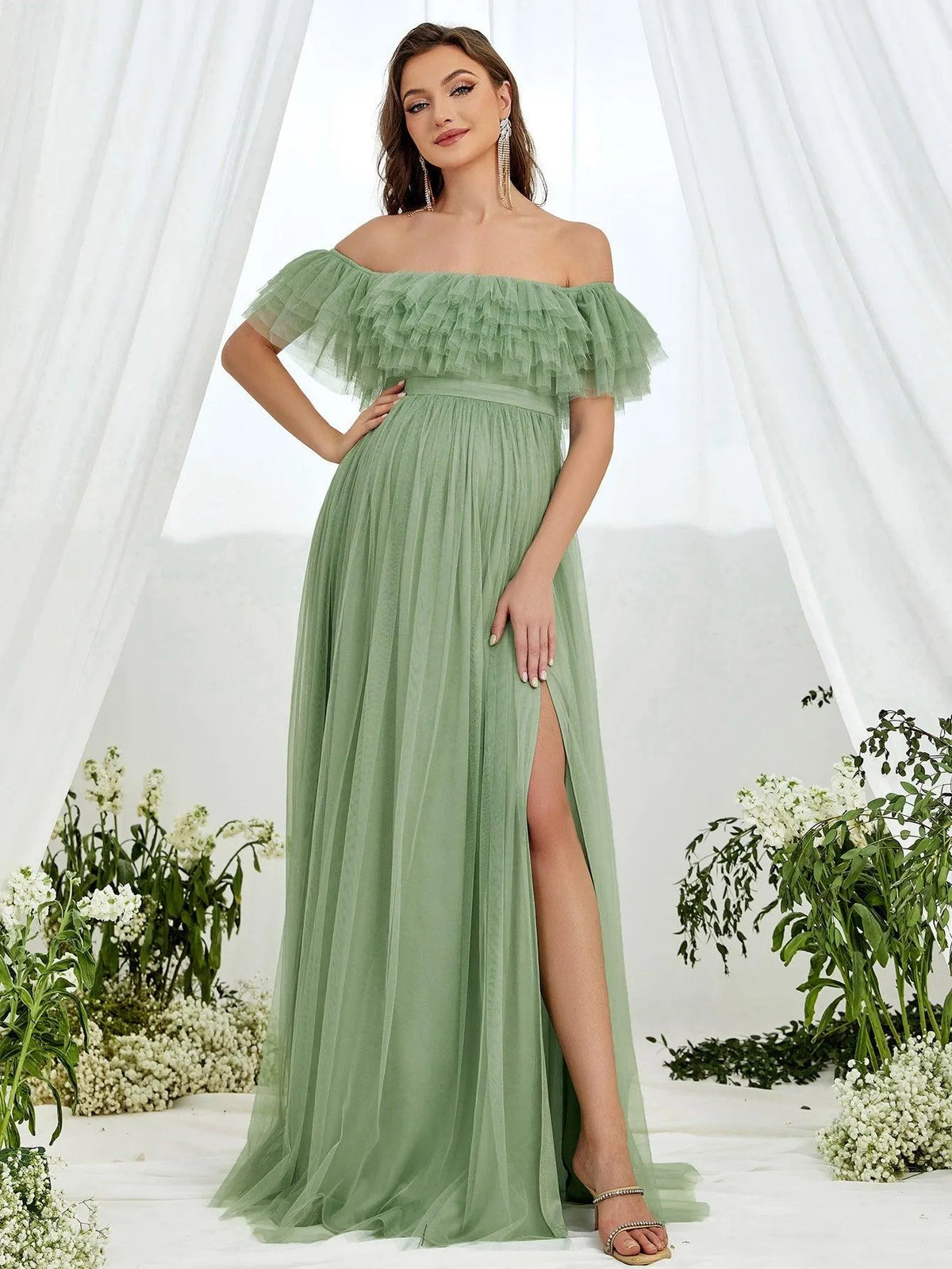 Maternity Off Shoulder Ruffle Trim Mesh Slit Dress - Elonnashop