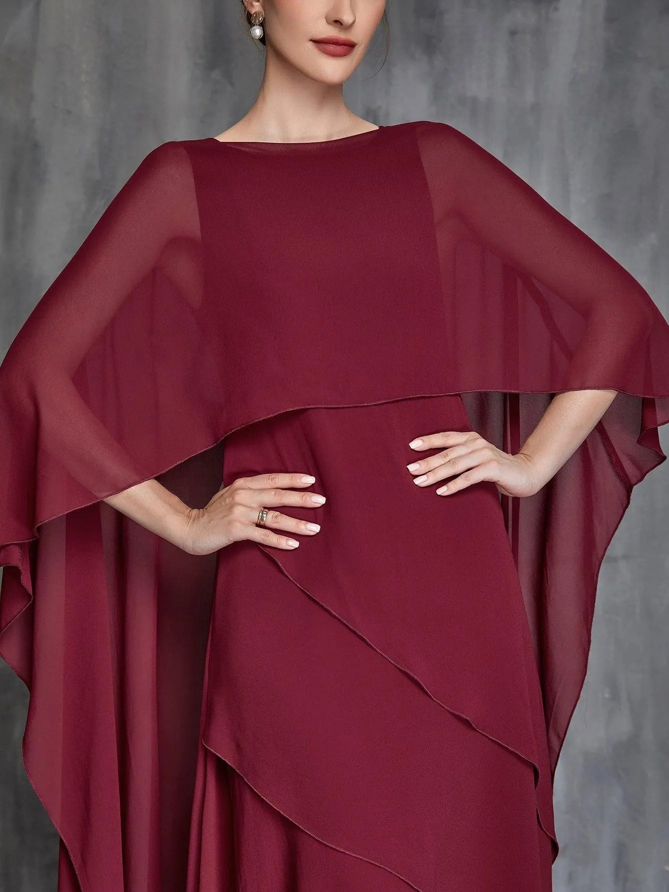 Womens' Solid Layered Hem Chiffon Cape Gown - Elonnashop