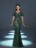 Elegant Sequin Butterfly Sleeves Mermaid Hem Evening Dress