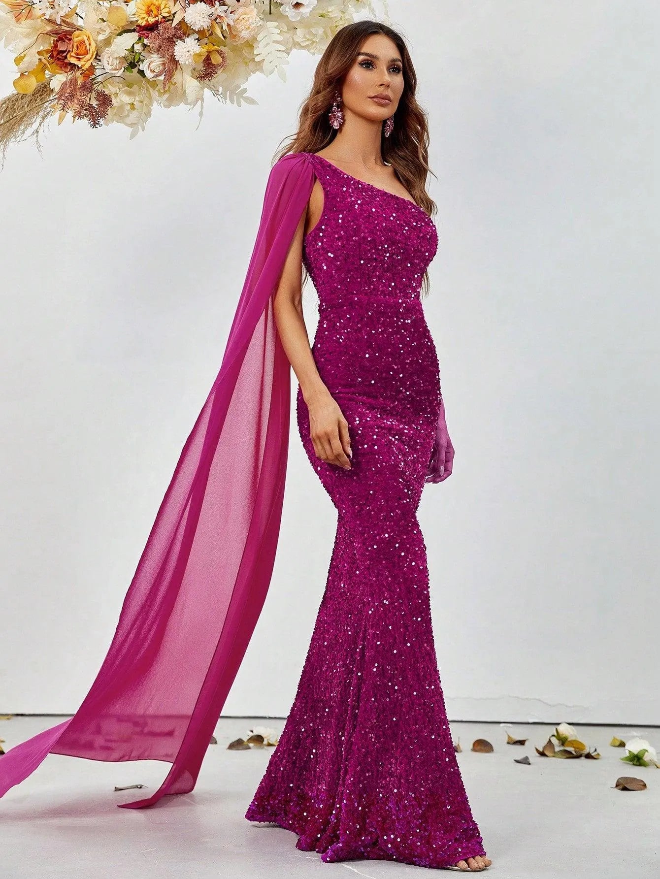 Elegant Sequin One Shoulder Sash Prom Dresses - Elonnashop