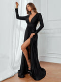 Elegant Plunging Neck Floor Length A Line Dress - Elonnashop