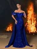 Off Shoulder Puff Sleeves Satin Sequin Mermaid Dress