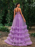 Gorgeous Floral Sequin Bodice Cascading Ruffle Hem Tulle Prom Dress