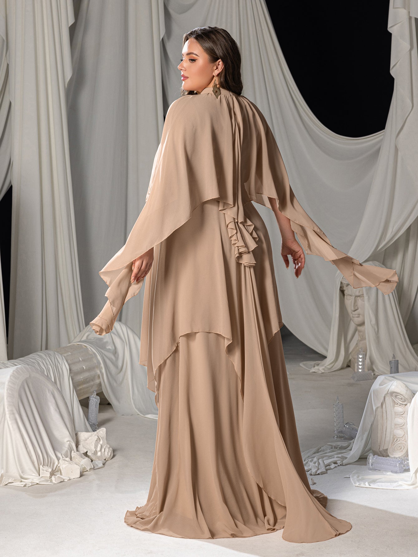 Plus Mock Neck Layered Hem Chiffon Evening Dress