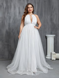 Plus Halter Neck Sleeveless Tulle Wedding Dress