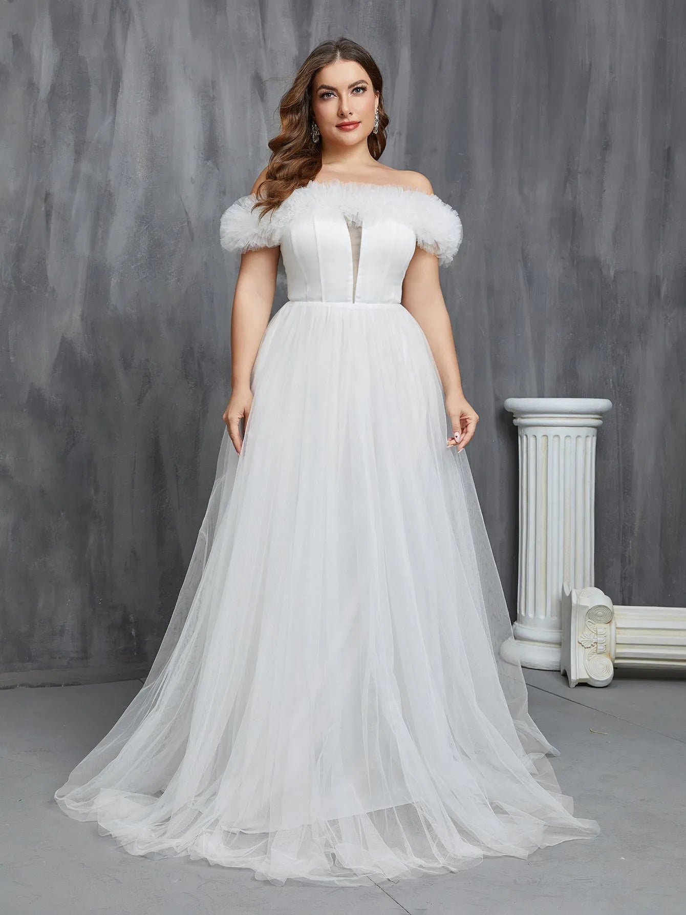 Plus Ruffle Trim Off Shoulder A Line Tulle Wedding Dress