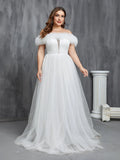 Plus Ruffle Trim Off Shoulder A Line Tulle Wedding Dress