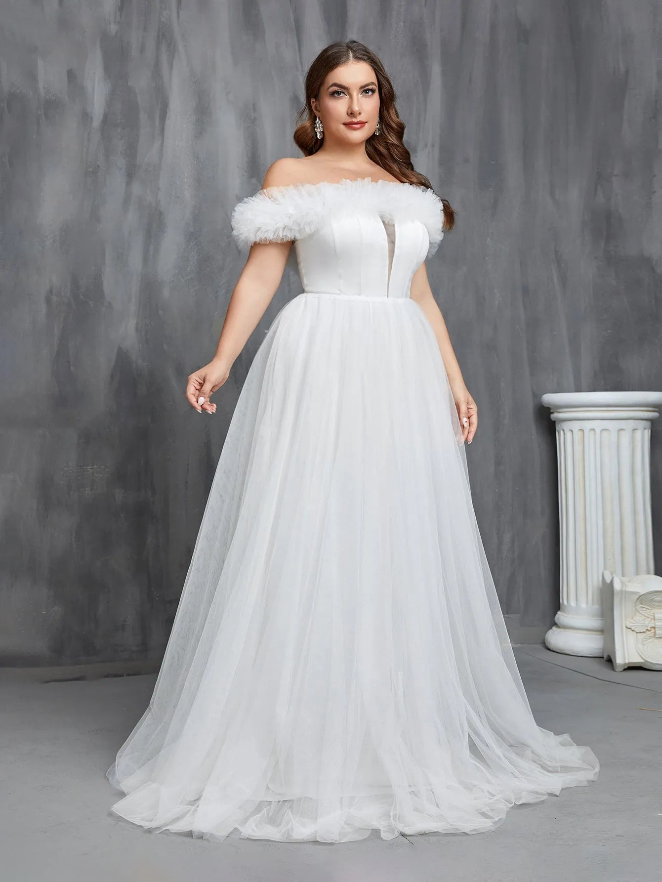 Plus Ruffle Trim Off Shoulder A Line Tulle Wedding Dress