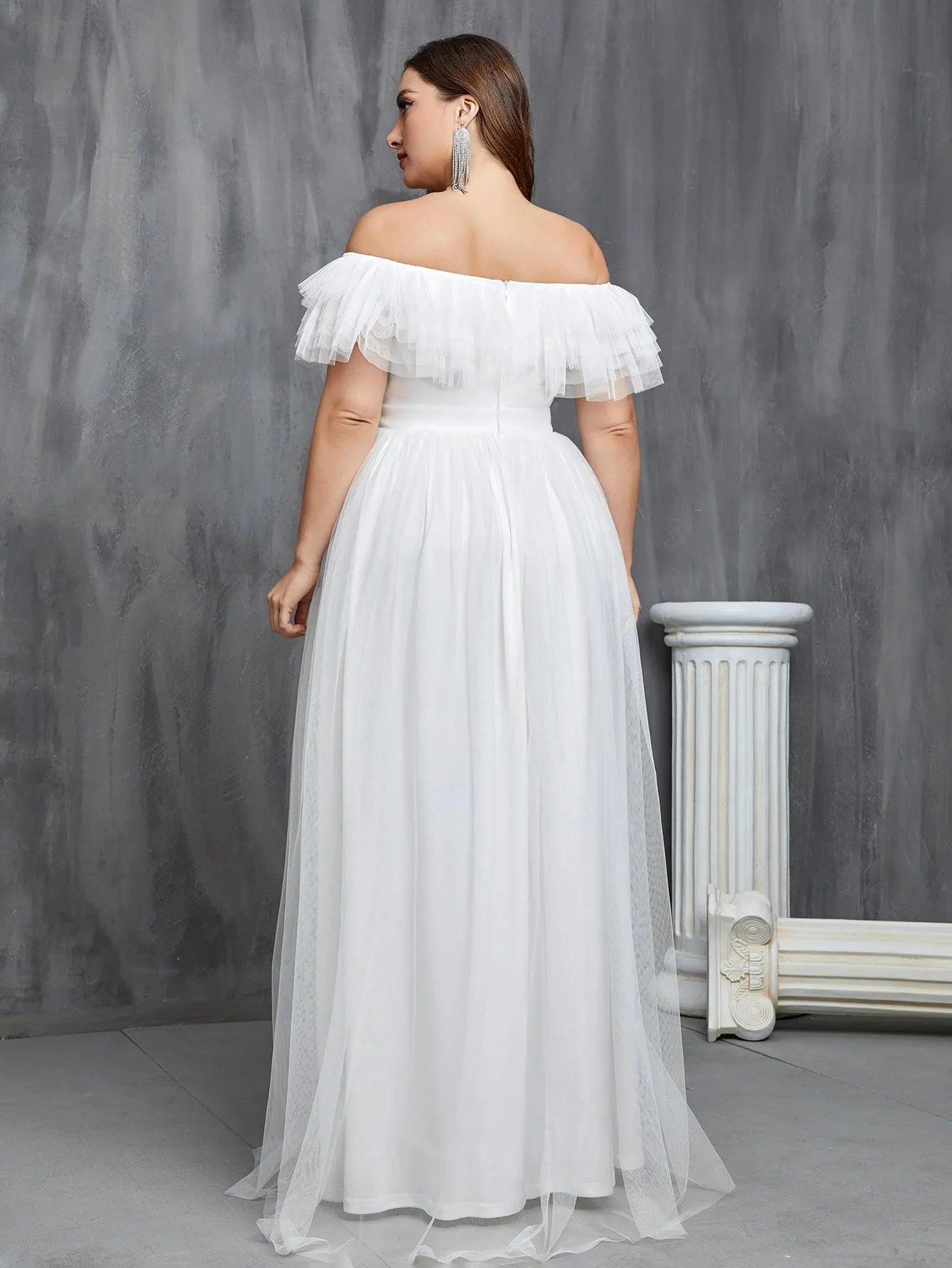 Plus Elegant Ruffle Trim Off Shoulder Tulle Wedding Dress