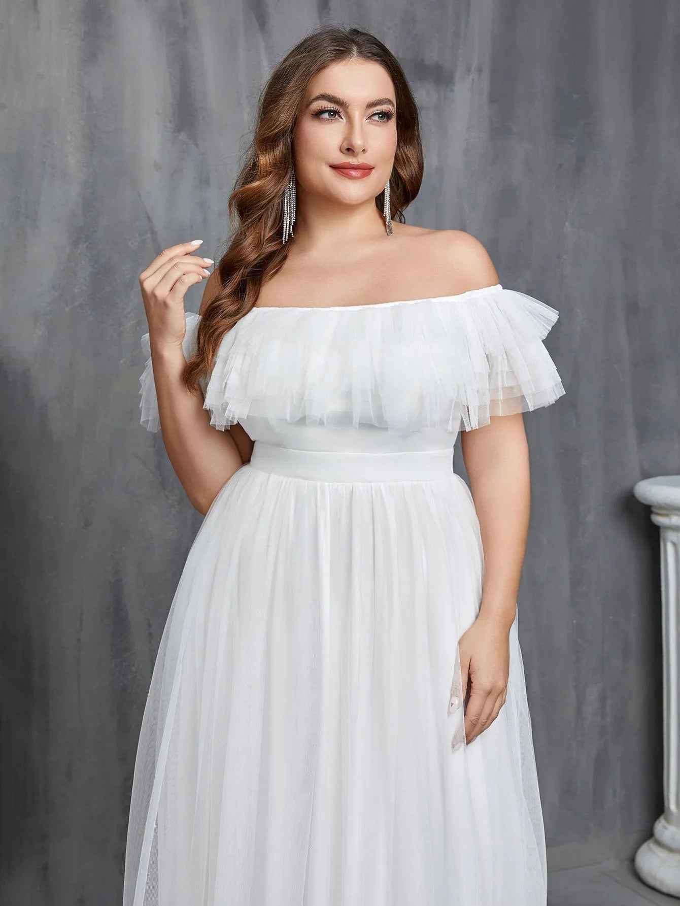 Plus Elegant Ruffle Trim Off Shoulder Tulle Wedding Dress