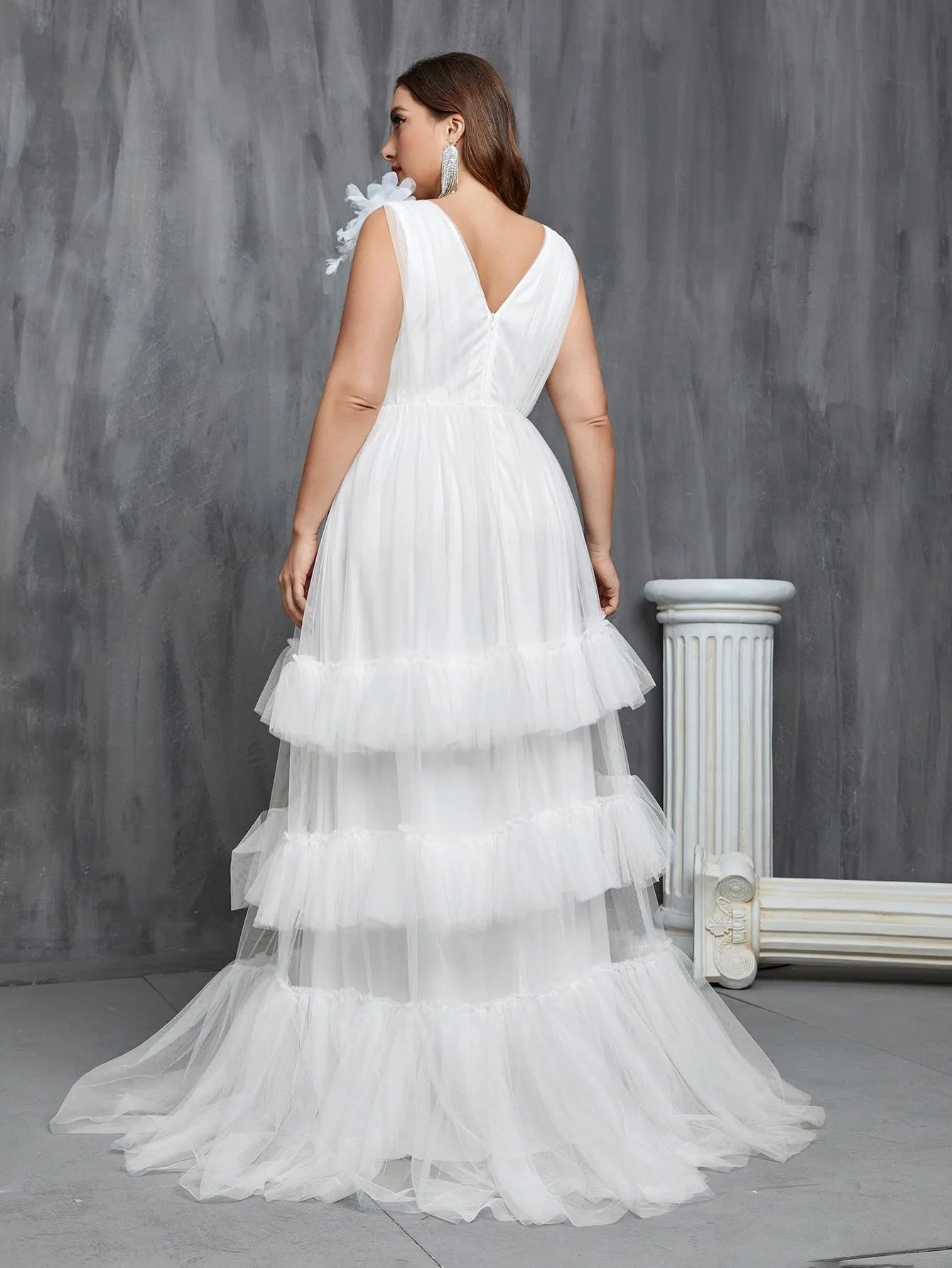 Plus Deep V Neck Sleeveless Layered Tulle Wedding Dress