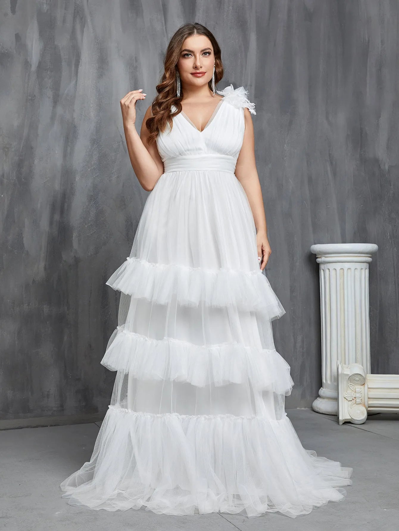 Plus Deep V Neck Sleeveless Layered Tulle Wedding Dress