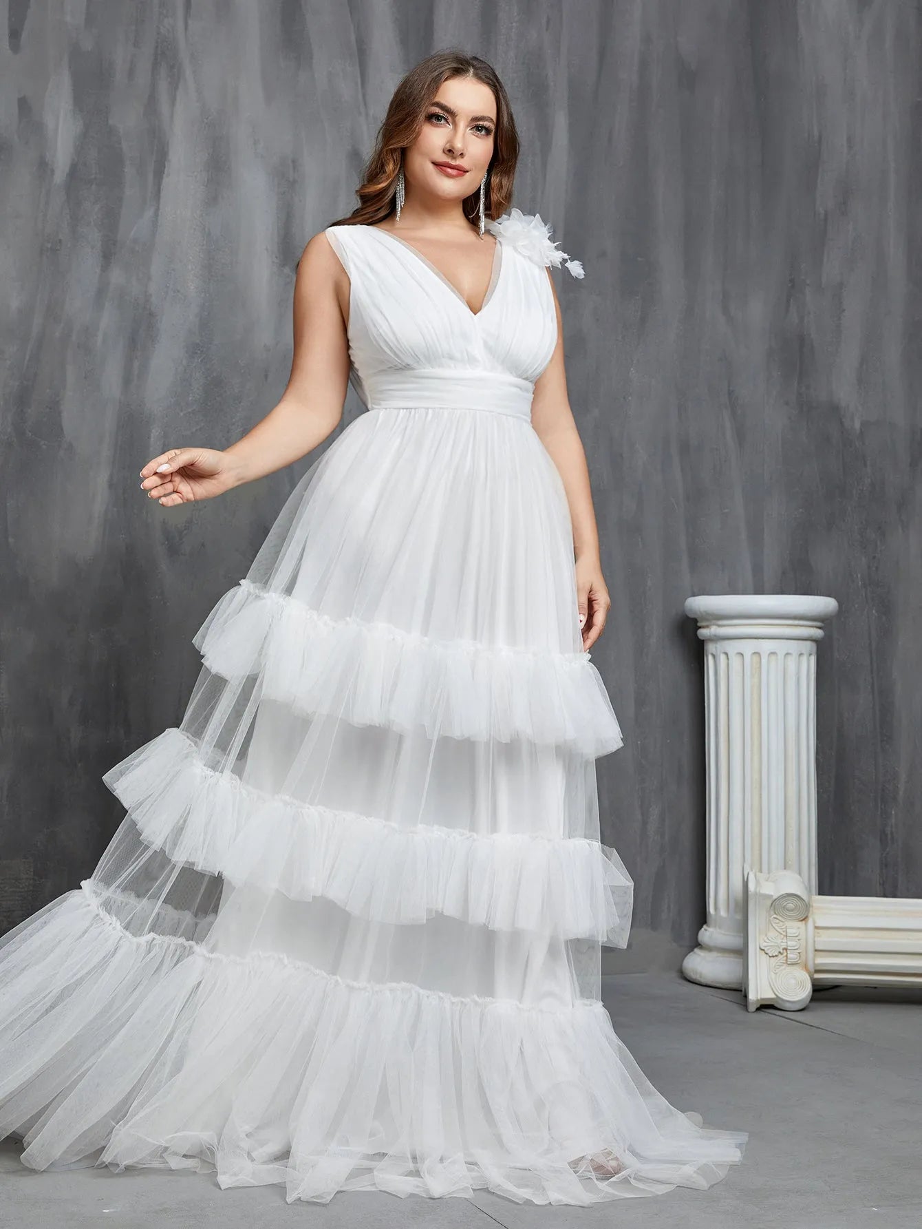 Plus Deep V Neck Sleeveless Layered Tulle Wedding Dress