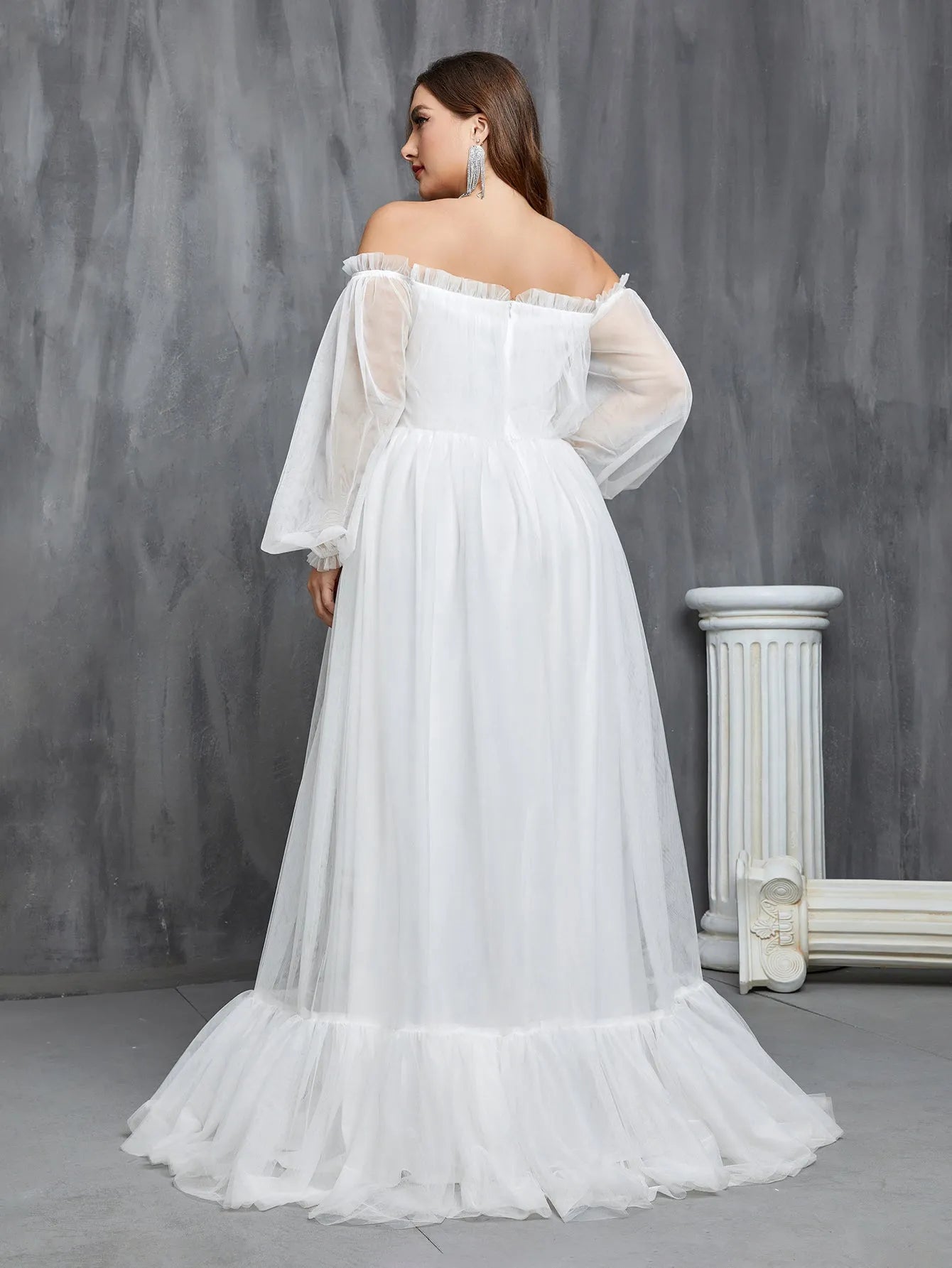 Plus Off Shoulder Lantern Sleeve Mesh Wedding Dress