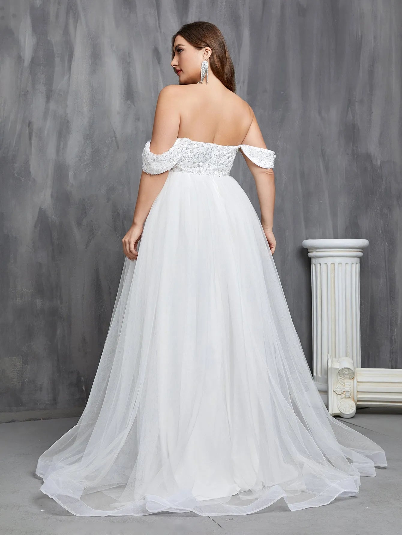 Plus Off Shoulder Sequin Bodice Contrast Tulle Hem Wedding Dress