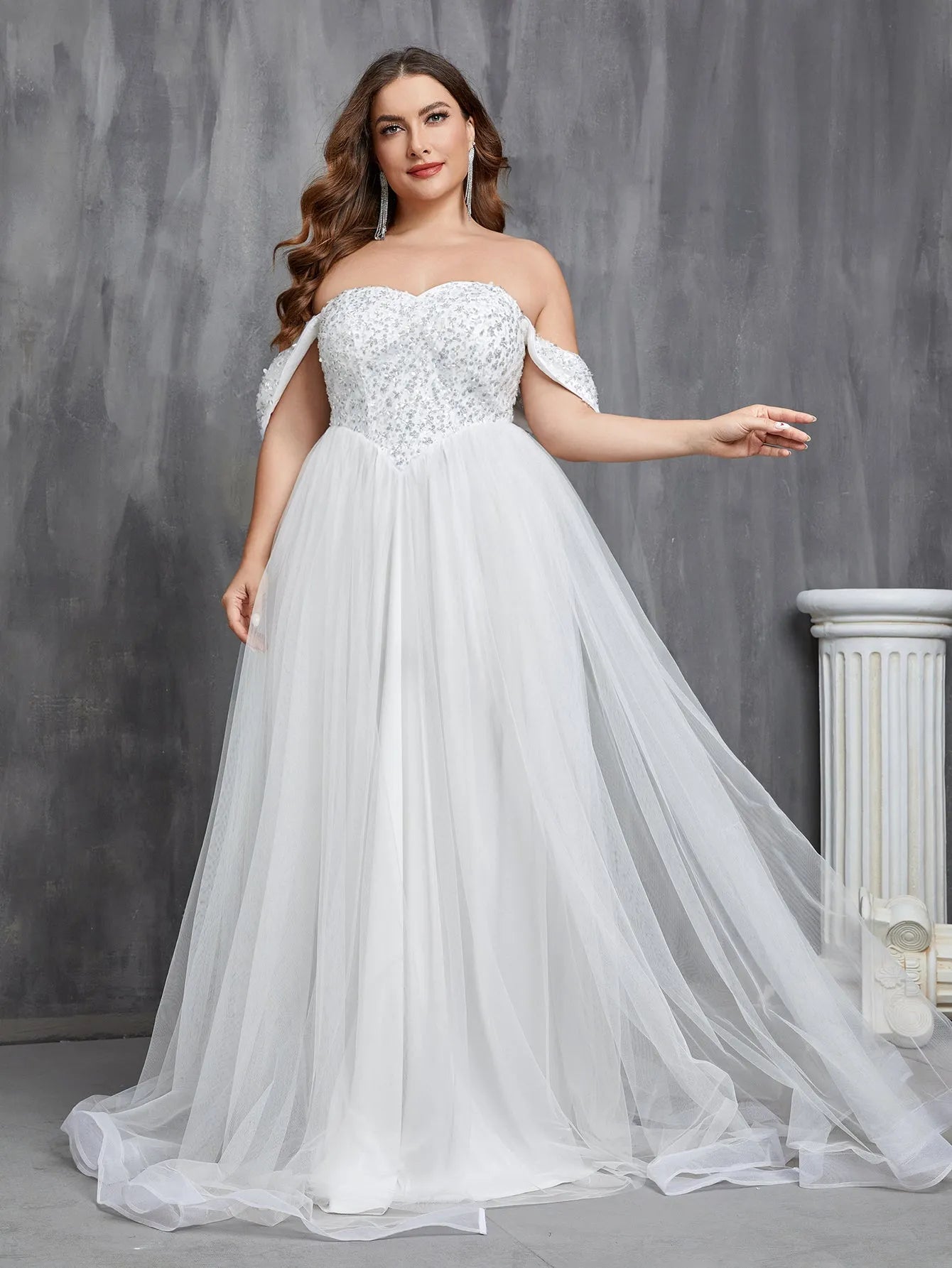 Plus Off Shoulder Sequin Bodice Contrast Tulle Hem Wedding Dress