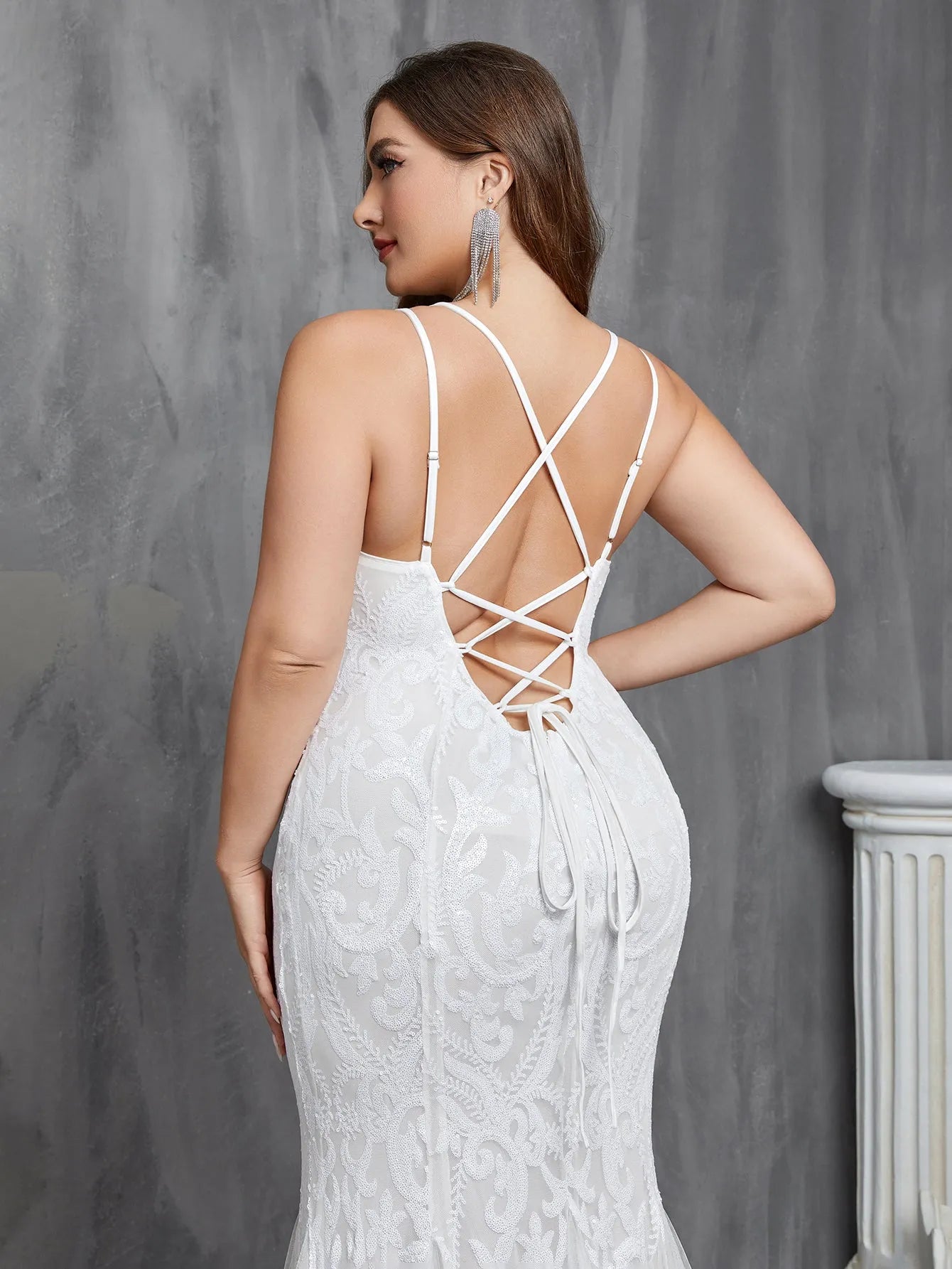 Plus Stylish Lace-up Back Mermaid Hem Sequin Wedding Dress