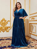 Plus Surplice Neck Half Sleeves A Line Velvet Formal Dress