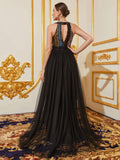 Elegant Sequin Bodice Contrast Mesh Hem Evening Dress