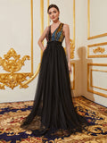 Elegant Sequin Bodice Contrast Mesh Hem Evening Dress