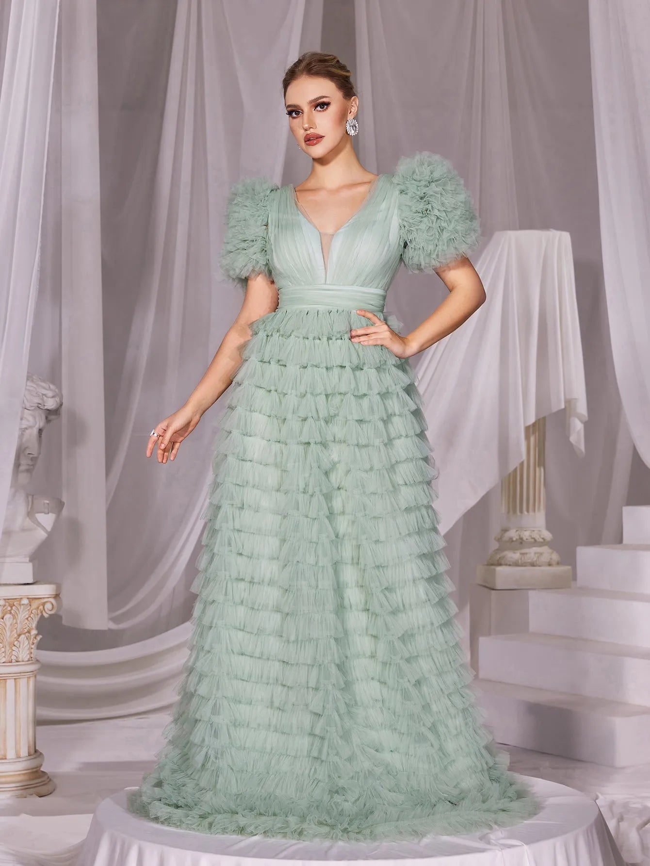 Ruffle Trim V Neck Puff Sleeves Cake Prom Dress