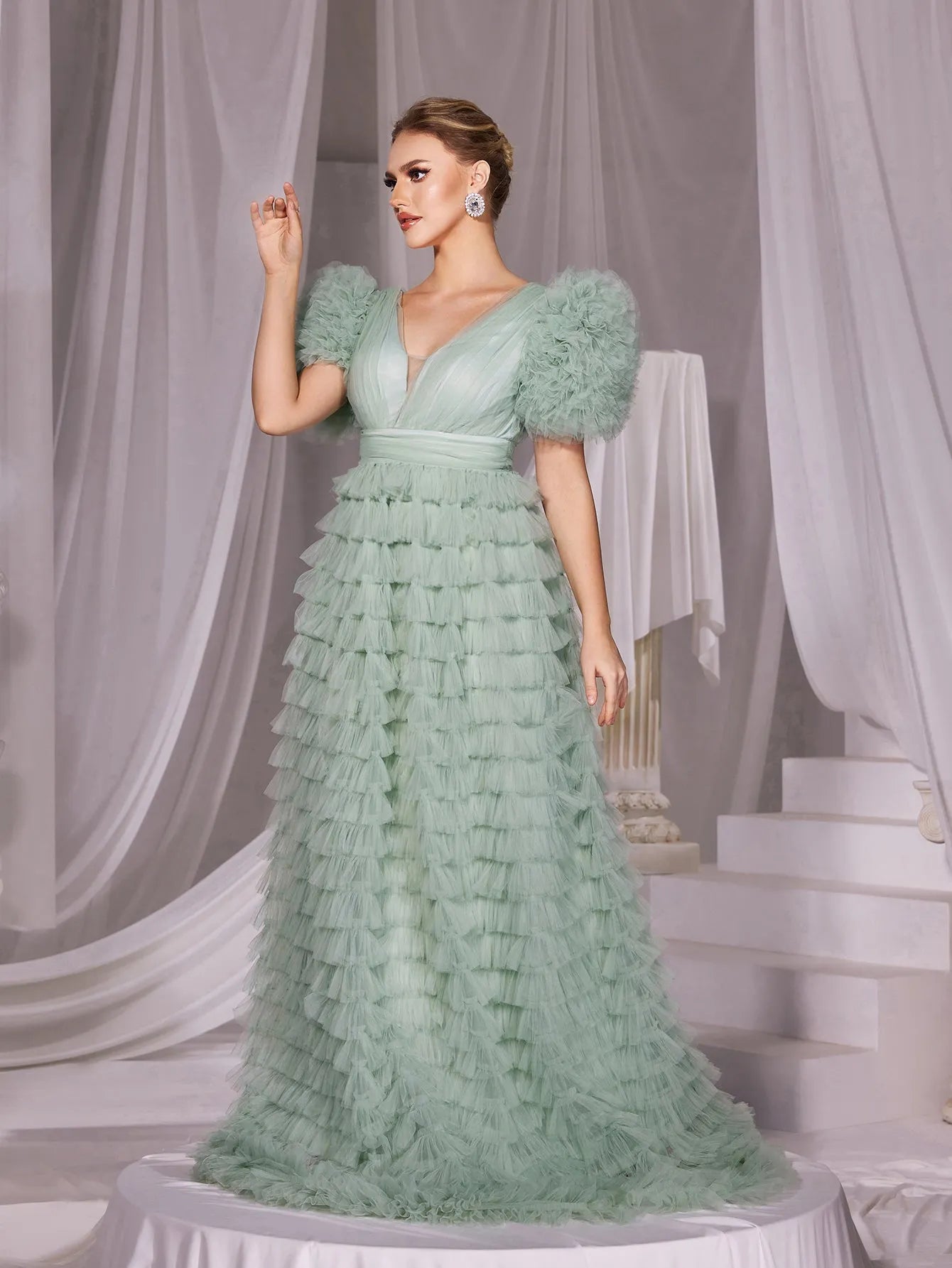 Ruffle Trim V Neck Puff Sleeves Cake Prom Dress