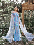 Elegant Off Shoulder Cape Sleeves Mermaid Hem Floral Sequin Evening Dress - Elonnashop