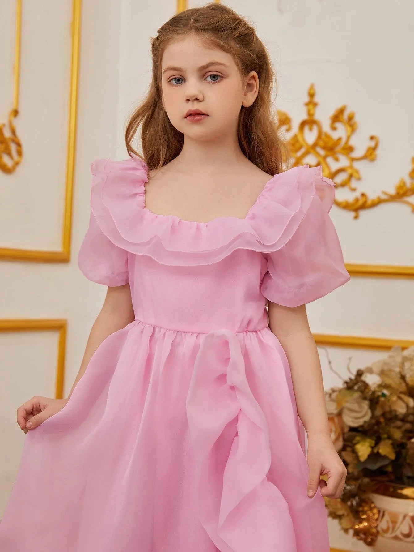 Tween Girls' Ruffle Trim Puff Sleeves Organza Party Dress - Elonnashop