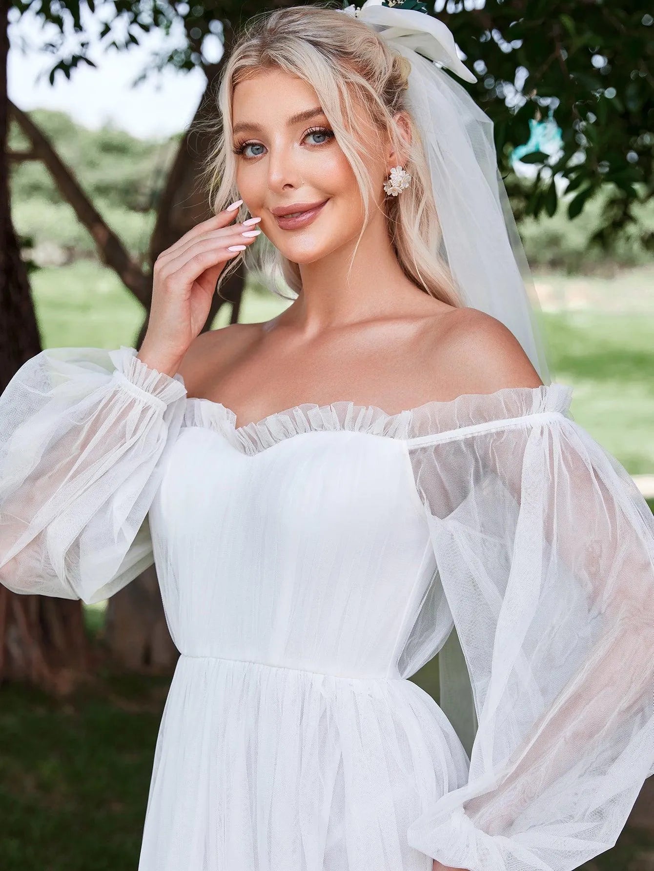 Off Shoulder Lantern Sleeve Mesh Wedding Dress - Elonnashop