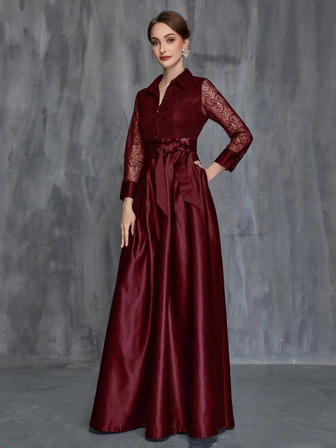 Womens' Shirt Collar Contrast Lace Satin Belted Dress - Elonnashop