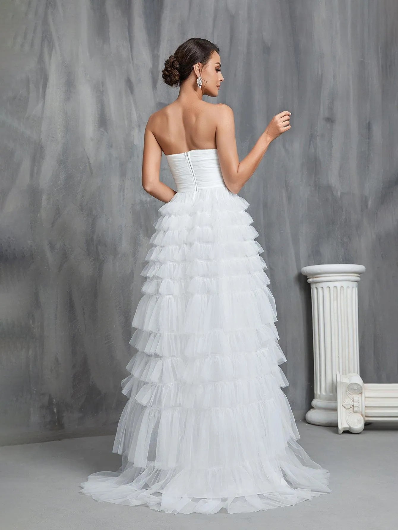 Mesh Layered Hem Tube Wedding Dress - Elonnashop