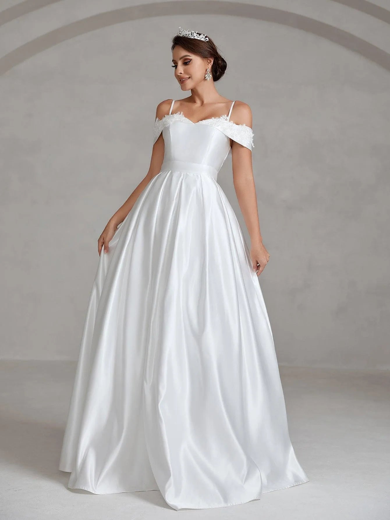 Floral Applique Cold Shoulder Satin Wedding Dresses - Elonnashop