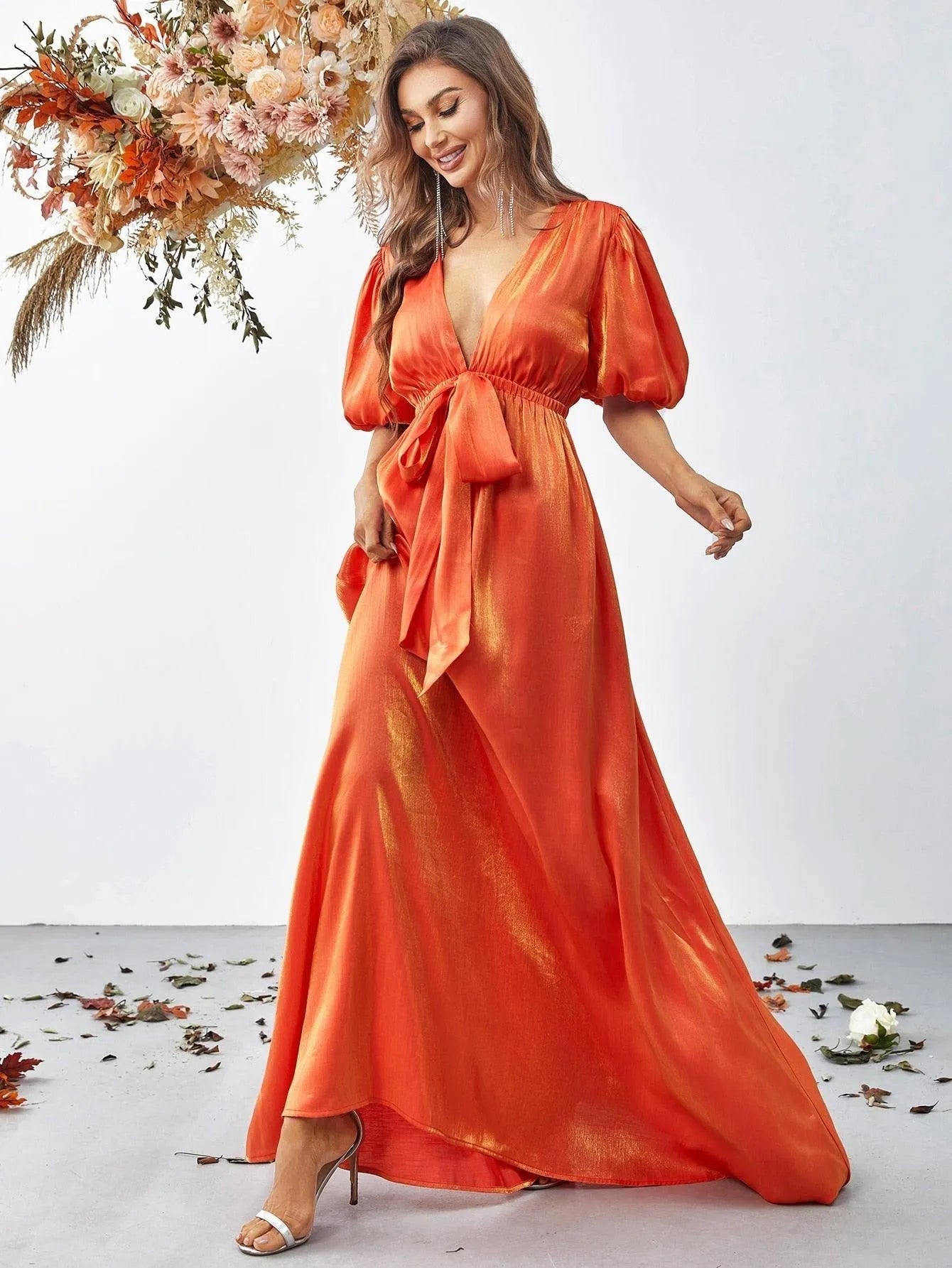 Orange Plunging Neck Puff Sleeve Belted Dress - Elonnashop