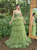 Gorgeous Floral Bodice Contrast Cascading Ruffle Hem Tulle Prom Cami Dress - Elonnashop