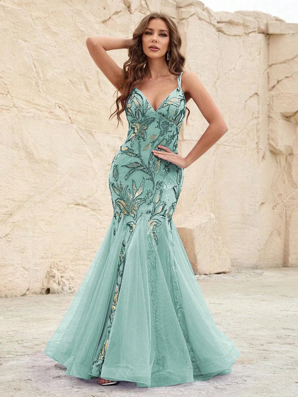 Elegant Mermaid Hem Mesh Insert Sequin Cami Dress - Elonnashop