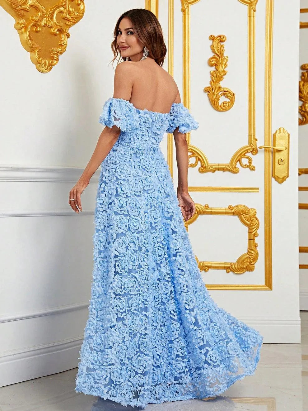 Off Shoulder 3D Flower A-Line Prom Dress - Elonnashop