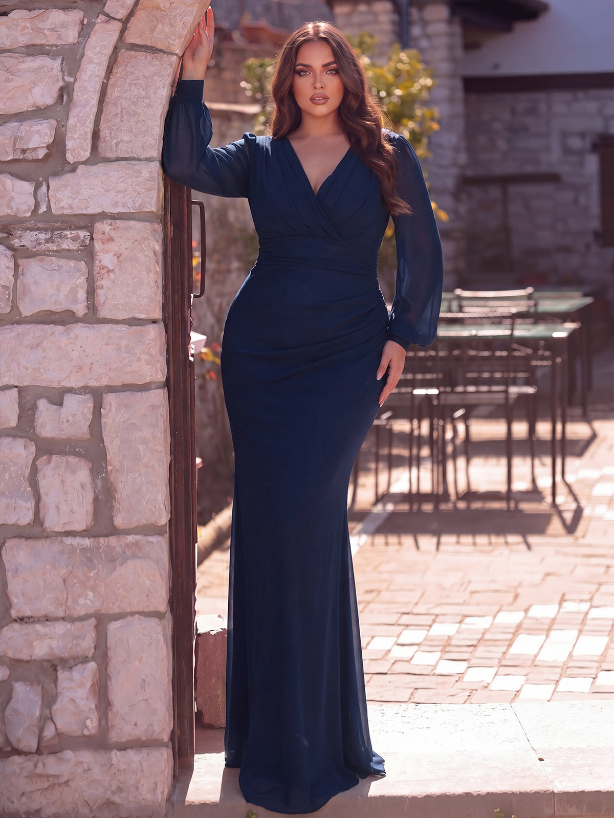 Plus Surplice Neck Lantern Sleeves Chiffon Formal Mermaid Dress