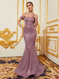 Elegant Off Shoulder Ruched Front Mermaid Hem Sequin Evening Dress