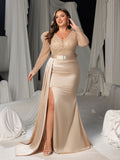 Plus Size Deep V-Neck Lace-Up Back Beaded Mermaid Evening Gown - Formal Dress with Belted Waist