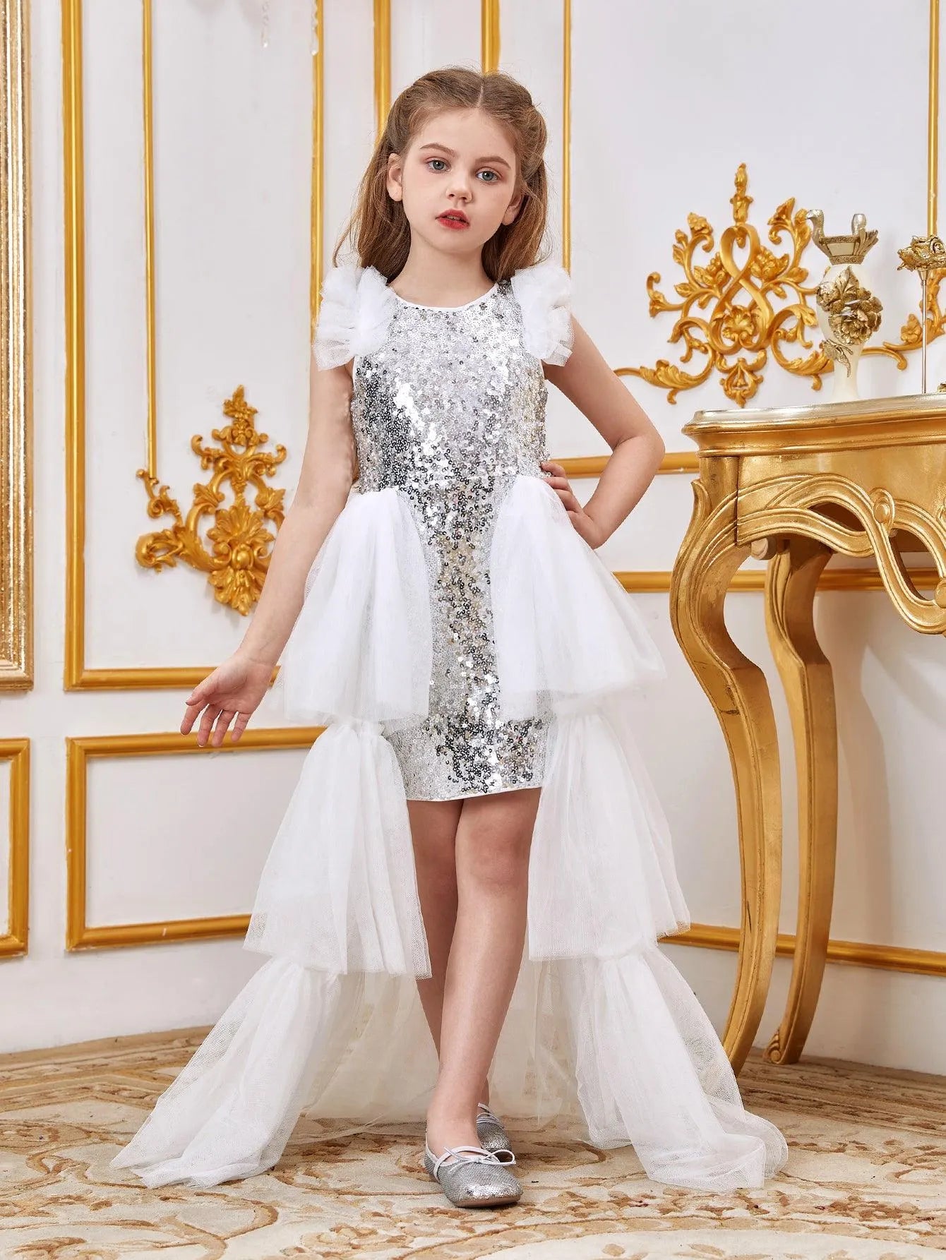 Tween Girls' Sleeveless Mesh Layered Hem Sequin Party Dress - Elonnashop